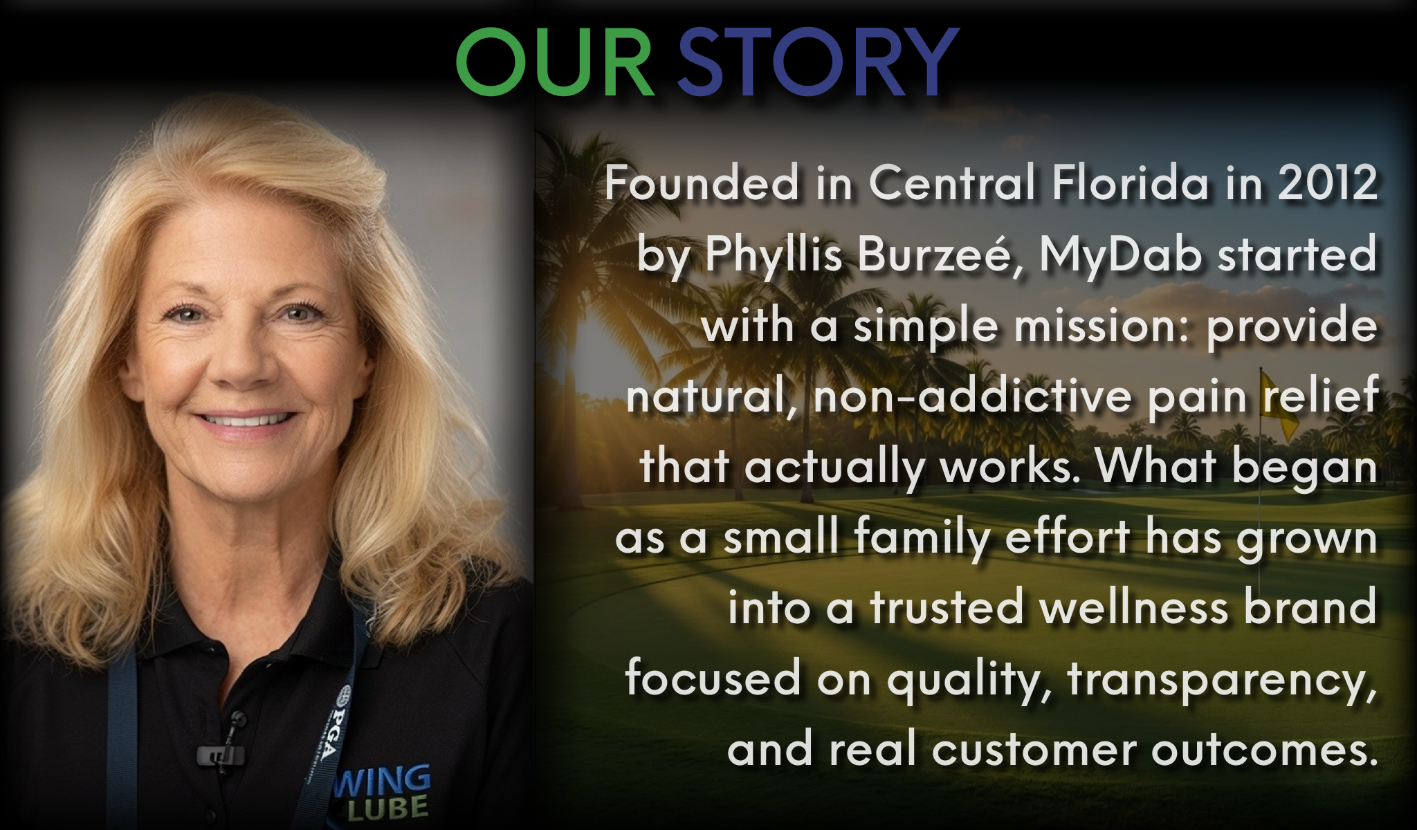 A promotional 'Our Story' graphic featuring a smiling blonde woman on the left and a block of text on the right that describes the brand MyDab, founded by Phyllis Burzee in 2012. The background is dark with a faint scenic silhouette.